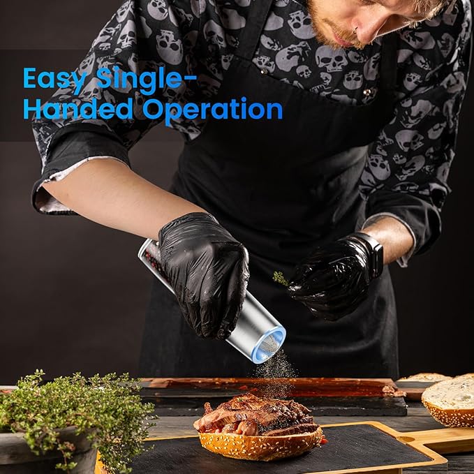 Rechargeable Gravity Electric Salt and Pepper Grinder Set with LED Light, Type-C Fast Charging, Adjustable Coarseness, Large Capacity Grinder for Kitchen & Outdoor, (2 Pack-Stainless Steel)