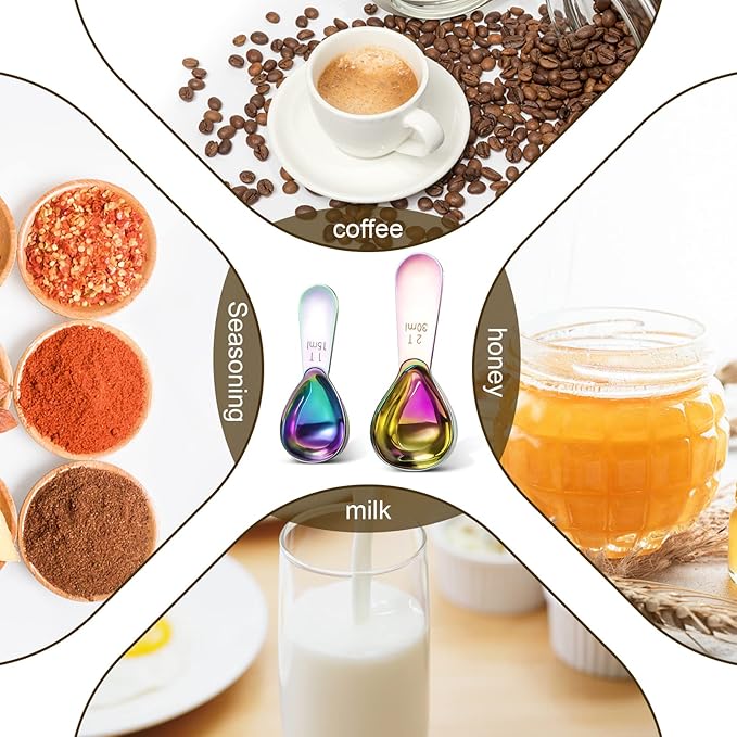 Stainless steel coffee scoop 2-piece set (1 tbsp, 2 tbsp) durable Tablespoon, ergonomic measuring spoon, Suitable for small and large jars，short-handled spoon (colored)