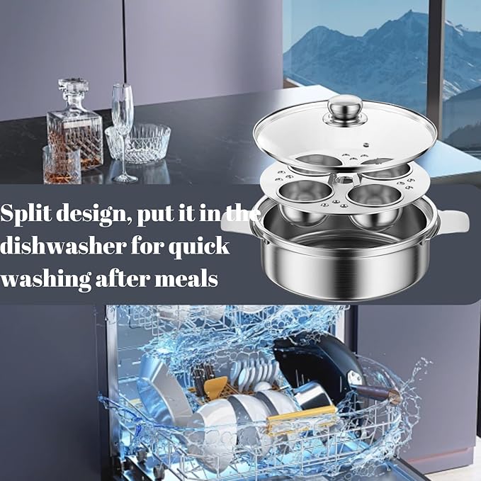 Egg Poacher Pan, Poached Egg Pan Stainless Steel Egg Pan with 4 Cups Egg Cooker Poached Egg Maker for Kitchen (without coating,with Oil Brush and Spatula)