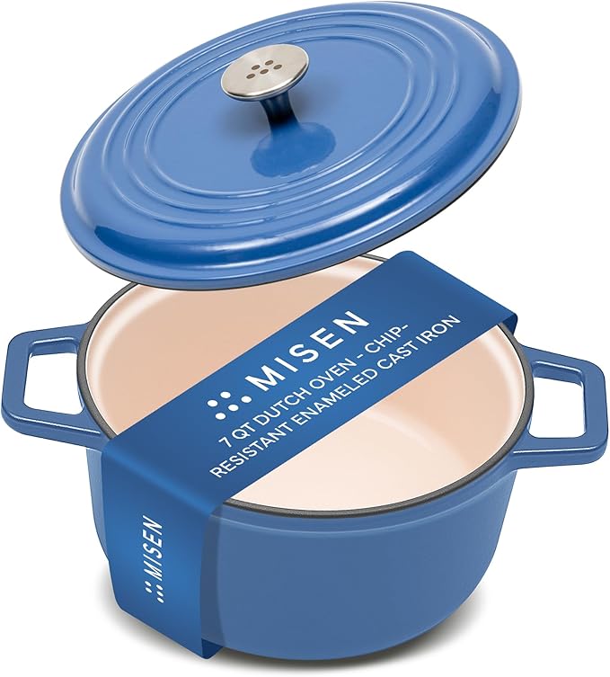 Misen 7 QT Enameled Cast Iron Dutch Oven - Chip-Resistant Enamel Coating - Thick Iron Core For Heat Retention - Large Cooking Surface - Oven Safe, Induction Compatible - Traditional Lid, Blue