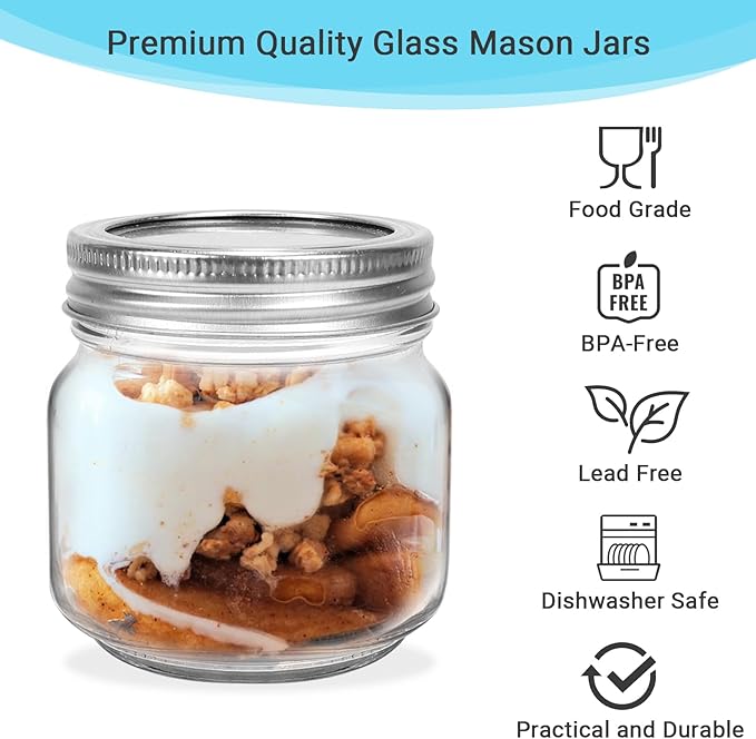 8 oz Glass Mason Jars, 24 Pack Regular Mouth Glass Canning Jars with Silver Aluminum Lids and Bands, Airtight Jam Jars for Food Storage, Pickling, Fermenting, Honey, Jelly, DIY Candles Decor