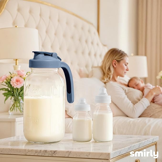 SMIRLY 64 oz Mason Jar Pitcher, Glass Pitcher with Wide Mouth, Water Jug with Double Leak Proof Lid for Iced Coffee, Hot Water, Breast Milk