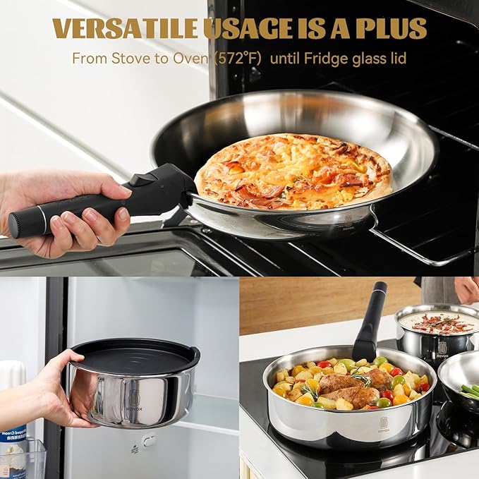 ROYDX16 PCS Pots and Pans Set,18/10 Stainless Steel Cookware Set with Adjustable Detachable Handles for RV,home Dishwasher Safe and Oven Safe