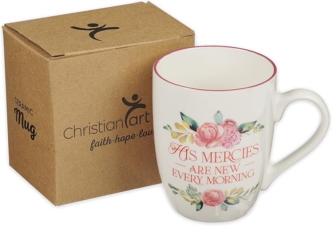 Christian Art Gifts Inspirational Ceramic Coffee & Tea Mug for Women: Mercies are New Every Morning Encouraging Bible Verse, Microwave & Dishwasher Safe Novelty Drinkware, White & Pink Floral 12 oz.