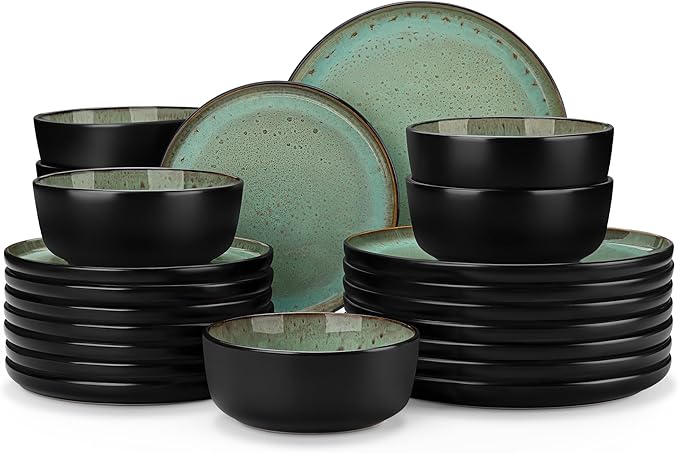 vancasso Plates and Bowls Sets, 24 Pieces Stoneware Dinnerware Sets for 8, Kitchen Dish Set Mircowave and Dishwasher Safe Ceramic Dishware, Turf Green, Series AMBER
