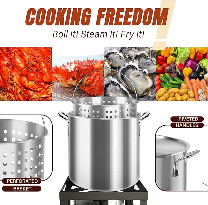 60QT Crawfish Boiler Kit, Waterproof Cover & 12-inch Skimmer, 110,000BTU Propane Burner Stove, 0-20PSIG Regulator, Aluminum Seafood Boil Pot, Crab Boil Pot with Basket