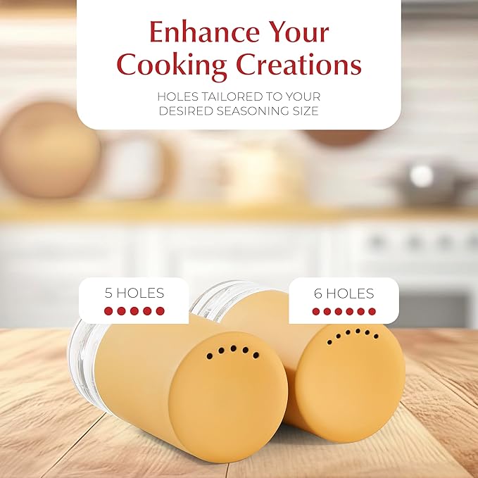 Yellow Salt and Pepper Shakers with Holder - Elegant Stainless Steel Salt Shaker and Pepper Shaker Set with Acrylic Holder for Kitchen Counter or Restaurant Table