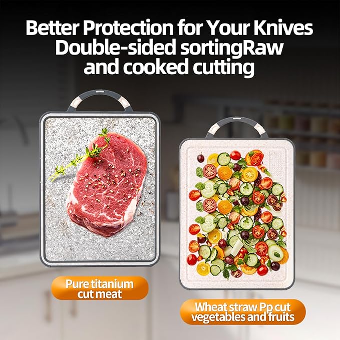 Titanium Cutting Board – Double Sided Chopping Boards for Kitchen with Juice Groove, Pure Titanium and Wheat Straw PP, Easy Clean Surface, Ideal for Meat Vegetables & Family Cooking 14" x 10"
