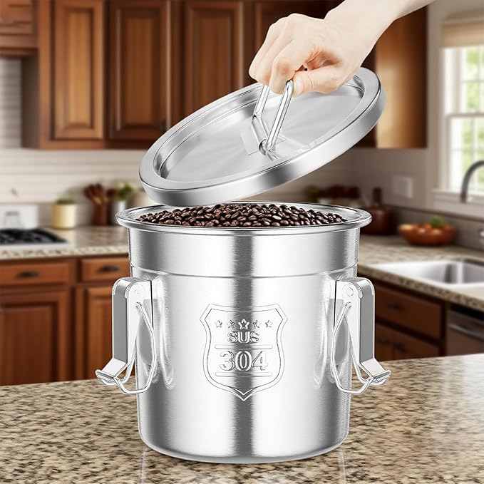 304 Stainless Steel Airtight Canister, 1.6Gal /203oz Airtight Food Storage Container with Lid and Lock Clips, Large Metal Pantry Storage Canister for Coffee Beans, Flour, Tea, Sugar, Cereals, 6L