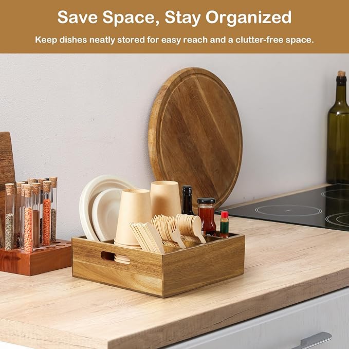 Acacia Wood Utensil Holder for Party, 6-Compartment Paper Plate and Silverware Organizer with Handles, Rustic Utensil Caddy for Parties, Outdoor Gatherings, and Kitchen Countertop Organization