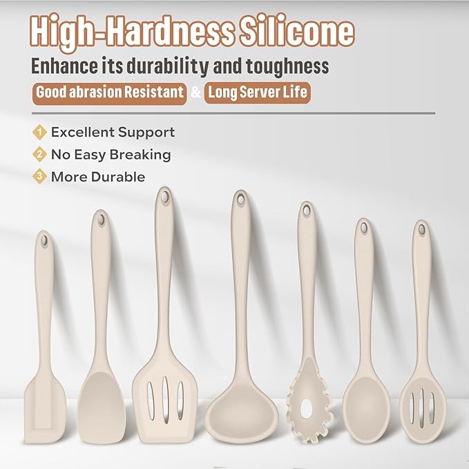E-far Silicone Cooking Utensils Set, 7-Piece Khaki Heat Resistant Kitchen Utensils Set, Kitchen Nonstick Tools Spatula Ladle Spoon Pasta Server for Non-stick Cookware, Non-Toxic & Dishwasher safe
