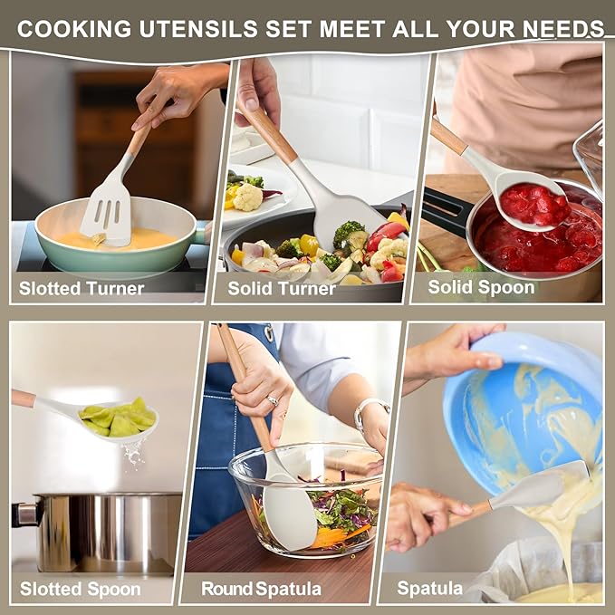 P&P CHEF Silicone Cooking Utensils Set, 12PCS Kitchen Utensils Set with Wooden Handle for Nonstick Cookware, Ladle, Spoon, Spatula, Tong, Heat-resistant & Non-scratch, Non Smell & Healthy, Khaki