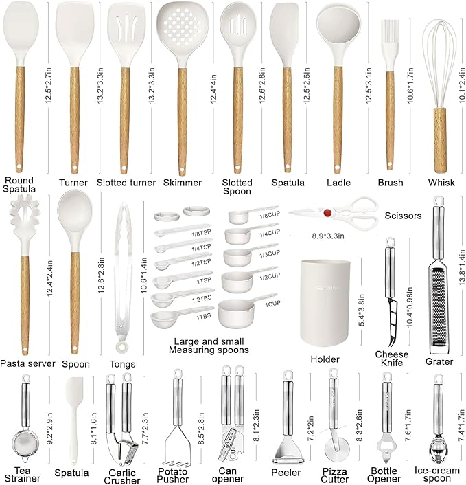 Cooking Utensils Set- 35 PCs Kitchen Utensils with Grater,Tongs, Spoon Spatula &Turner Made of Heat Resistant Food Grade Silicone and Wooden Handles Kitchen Gadgets Tools Set for Cookware