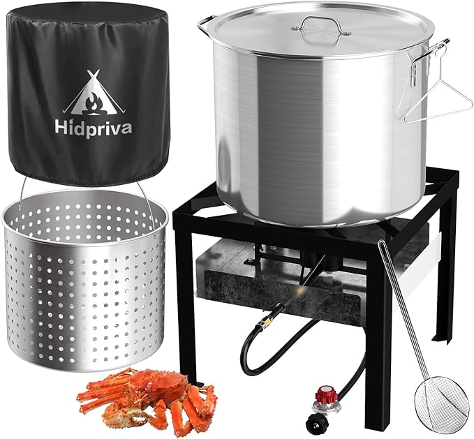 100QT Crawfish Boiler Kit, Waterproof Cover & 18-inch Skimmer, 110,000BTU Propane Burner Stove, 0-20PSIG Regulator, Aluminum Seafood Boil Pot, Crab Boil Pot with Basket