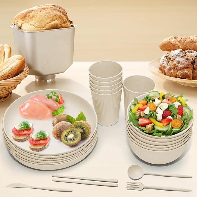 Wheat Straw Dinnerware Sets -DAPIPIK 42 Piece Unbreakable Dinnerware Sets for 6, Kitchen Plates and Bowls Set, Lightweight Camping Plates Cups and Bowls Set.Dishwasher Microwave Safe Dinnerware