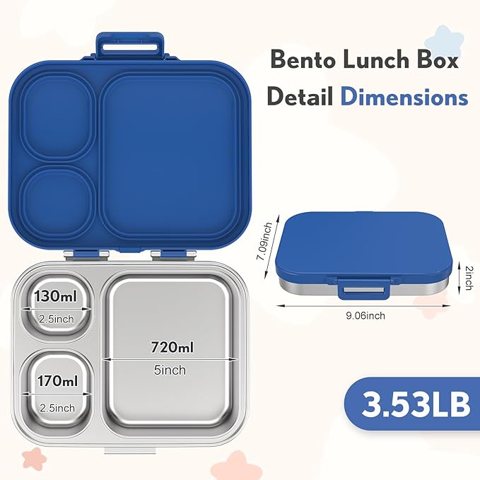 Stainless Steel Bento Box Kids, Leak Proof Metal Bento Lunch Box,3 Compartments 304 Stainless Steel Bento Lunch Containers for School and Office,Dishwasher Safe, BPA-Free(Blue)