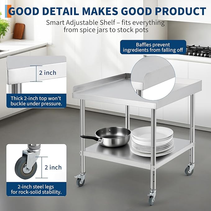 24x24x30 Inch Stainless Steel Equipment Grill Stand Table NSF Certified with 5" Wheels, 400 Lbs Capacity, 2" Edge Baffle, for Hotel, Home, Commercial Restaurant Kitchen