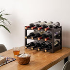 VASMIA Bamboo Wine Rack, Sturdy and Durable Wine Storage Cabinet Shelf, Wine Racks Countertop for Pantry,Kitchen,3-Tier 12 Bottles Wine Rack Brown