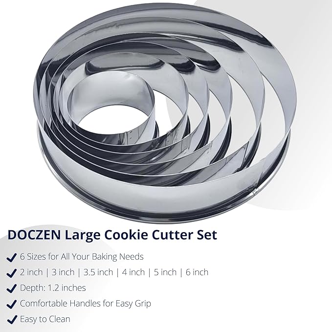 DOCZEN 6 PCS Round Cookie Cutter Set (2, 3, 3.5, 4, 5, 6 Inch) - Biscuit Cutters For Baking - Large Circle Cookie Cutters Variety Pack, Metal Stainless Steel, 6 Pack