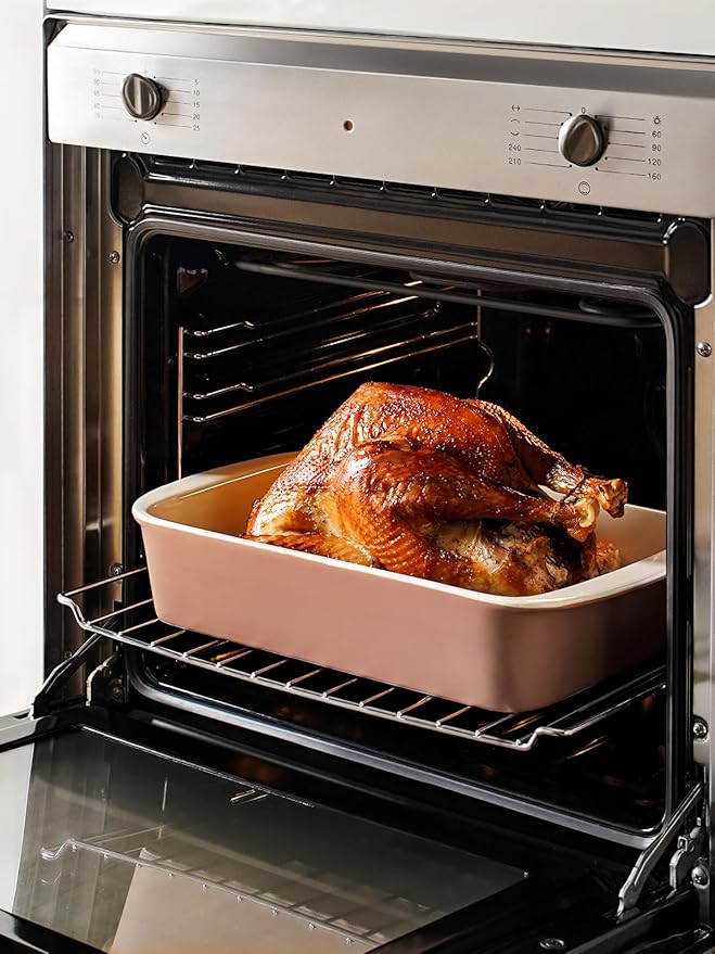 LE TAUCI Deep Casserole Dishes for Oven, 13.7”x9.6” Ceramic Baking Dish Set with Roasting Racks, Large Lasagna Pans with Handles, Rectangular Bakeware as Gift for Mom, Dusty Pink(4.6QT/3.0QT/1.6QT), Set of 3