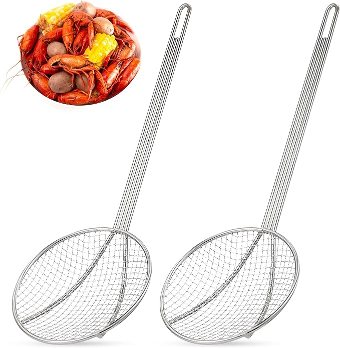 Baderke 2 Pcs 16 Inch Stainless Steel Skimmer Round Plated Wire Strainer Fryer Spoon Mesh Stirring with Long Handle for Kitchen Fried Food Cooking Straining Frying