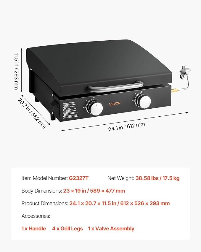 VEVOR Gas Griddle, 2 Burner Tabletop Griddle, 22 inch Portable Griddles Propane with Lid, Oil Drain Hole & Oil Collection Tray, 22000BTU Camping Flat Top Grill for Outdoor Cooking, Tailgating