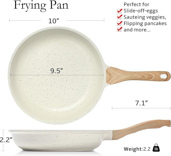 ESLITE LIFE Nonstick Ceramic Frying Pan Skillet, Non-Toxic Egg Omelette Kitchen Cooking Pans Compatible with All Stovetops (Gas, Electric & Induction), PTFE & PFOA Free (White, 9.5'')