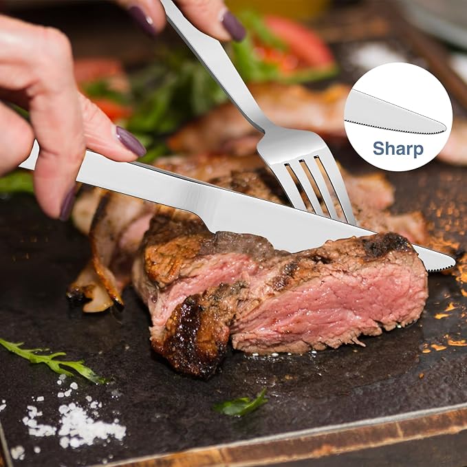 Yoehka 60-Piece Hammered Silverware Set for 12, Stainless Steel Flatware Set with Roman Column Handles, Mirror Polished Cutlery/Utensils Set for Home, Restaurant, Hotel, Dishwasher safe