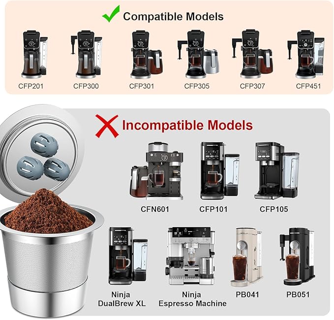Stainless Steel Reusable Coffee Filter Compatible with Ninja Dual Brew Coffee Maker, Reusable Coffee Pods with 4 Cone Coffee Filters, Reusable k cups fit for Ninja CFP201,301