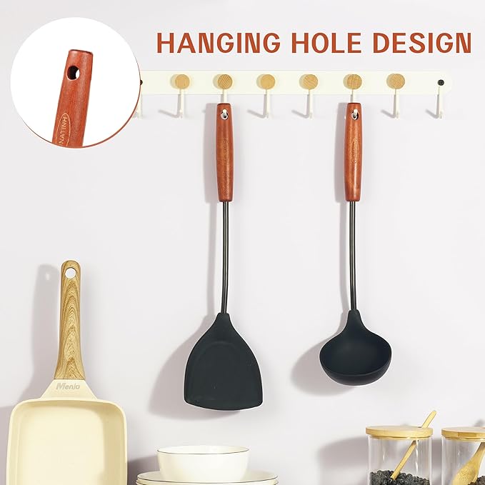 FJNATINH Silicone Wok Spatula and Ladle Tool Set,Non Stick Heat-Resistant Stainless Steel Cooking Utensils BPA Free Kitchen Utensils Cookware, Pack of 2,Black