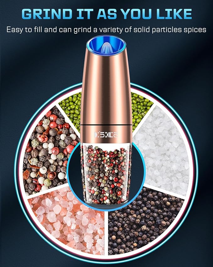 XinXu Gravity Automatic Electric Pepper and Salt Grinder, Auto Salt or Pepper Mill Shaker Stainless Steel,Blue LED Light,One Hand Operated, Copper