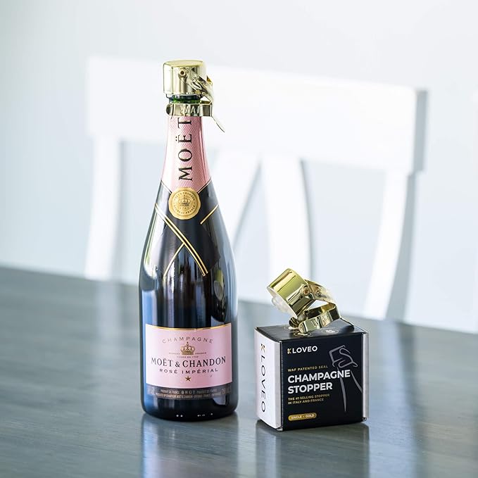 Champagne Stoppers by Kloveo - Patented Seal (No Pressure Pump Needed) Made in Italy - Professional Grade WAF Champagne Bottle Stopper - Prosecco, Cava, and Sparkling Wine Stopper - Gold, 2-Pack