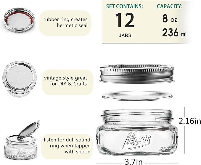 Mason Jars, 8 OZ, Wide Mouth, 12 Pack with Lids and Bands, Glass Canning Jars for Canning, Pickling, Preserving, Jam, Honey, Wedding Favors, Shower Favors (12 Pack, Clear)