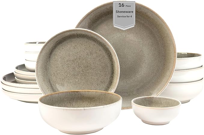 Sango Resona Moss 16-Piece Green Dinnerware Set – Service for 4, Plate & Bowl Set, Durable Stoneware with Reactive Glaze Finish, for Everyday Dining & Entertainment, Microwave & Dishwasher Safe