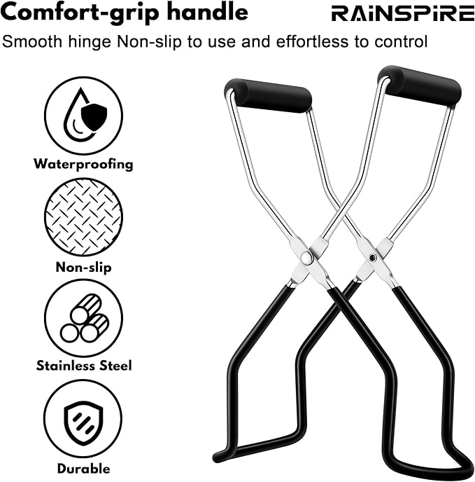 Rainspire Canning Jar Lifter, Canning Tongs Jar Lifter, Canning Tools, Canning Supplies for Home Kitchen, Stainless Steel, Black