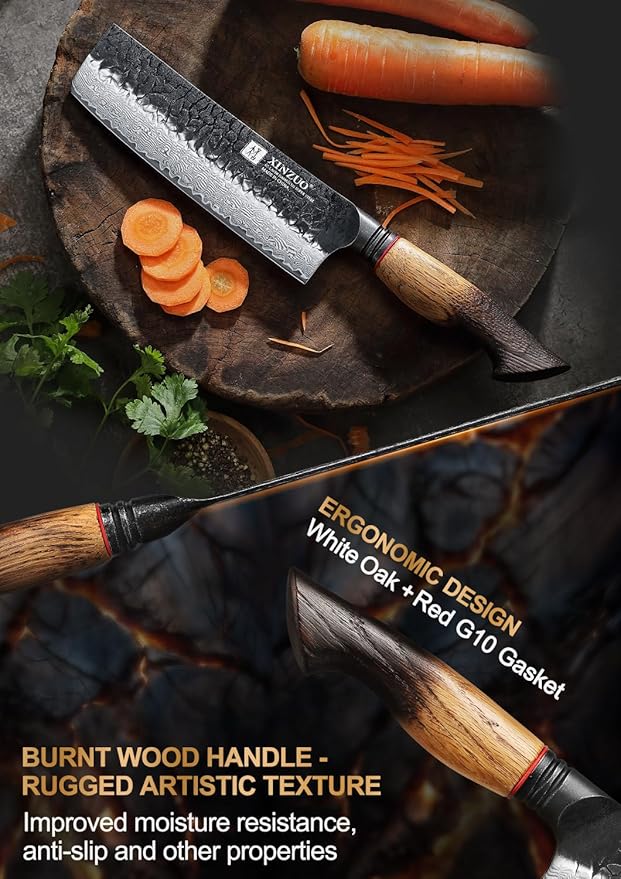 XINZUO 7 Inch Nakiri Knife, Hand Forged Damascus Steel Asian Chopping Chef Knife, Professional Meat Vegetable Kitchen Knife,Comfortable Grip White Oak Handle Usuba Knife