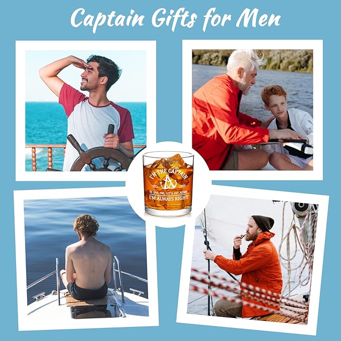 Futtumy Captain Gifts, I'm The Captain & I'm Always Right Whiskey Glass for Dad Father Men Uncle Boater Lover Boat Owner Fathers Day Christmas Birthday, Boater Gifts for Men, 10 oz
