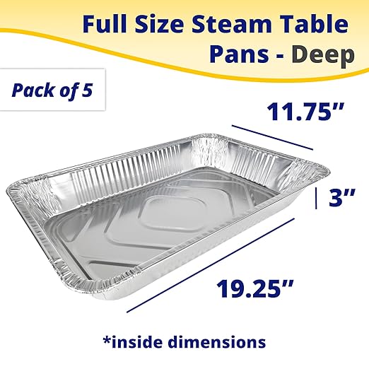 IDL Packaging Full Size Aluminum Steam Table Pans - Deep, 21" x 13" x 3" (pack of 5) - Disposable Foil Pan for Grilling, Roasting, BBQ, Cooking, Baking, Freezing