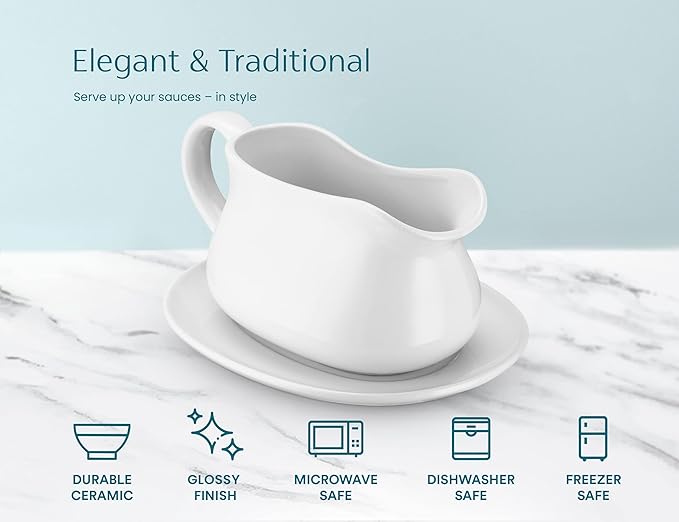Kook Gravy Boat & Saucer, 17 oz, Ceramic Serving Dish, Dispenser with Tray for Sauces, Dressings and Creamer, Large Handle, Microwave and Dishwasher Safe, White (Classic Gravy Boat)