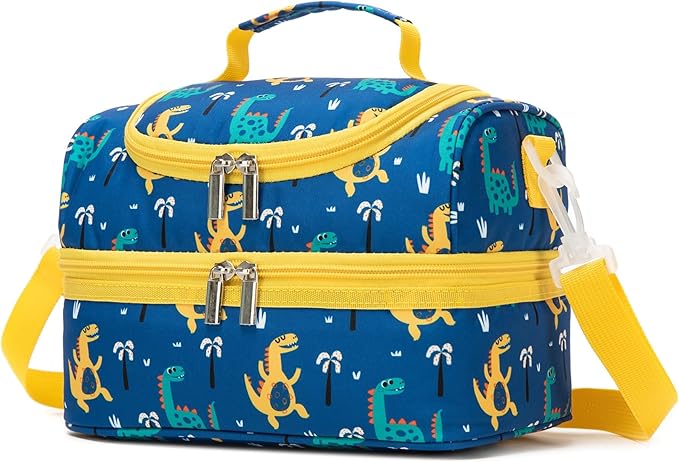 Insulated Kids Dual Compartment Lunch Bags Tote for Girls Boys Toddler Lunch Boxes Pre-School Toddler Kindergarten Picnic Camp Food Cooler Thermal with Strap (Z Yellow Dinos)