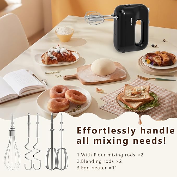 Hand Mixer | 5-Speed Control | 400-Watt Motor | Stainless Steel Attachments | Lightweight & Compact Design | BPA-Free | Black