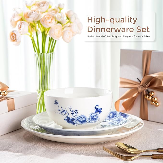 LERATIO Ceramic Dinnerware Sets,Blue and White Plates and Bowls Set,Highly Chip and Crack Resistant | Dishwasher & Oven & Microwave Safe | Round Dishes Set Service for 4 (12pc)- Peony