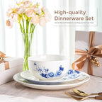LERATIO Ceramic Dinnerware Sets,Blue and White Plates and Bowls Set,Highly Chip and Crack Resistant | Dishwasher & Oven & Microwave Safe | Round Dishes Set Service for 4 (12pc)- Peony