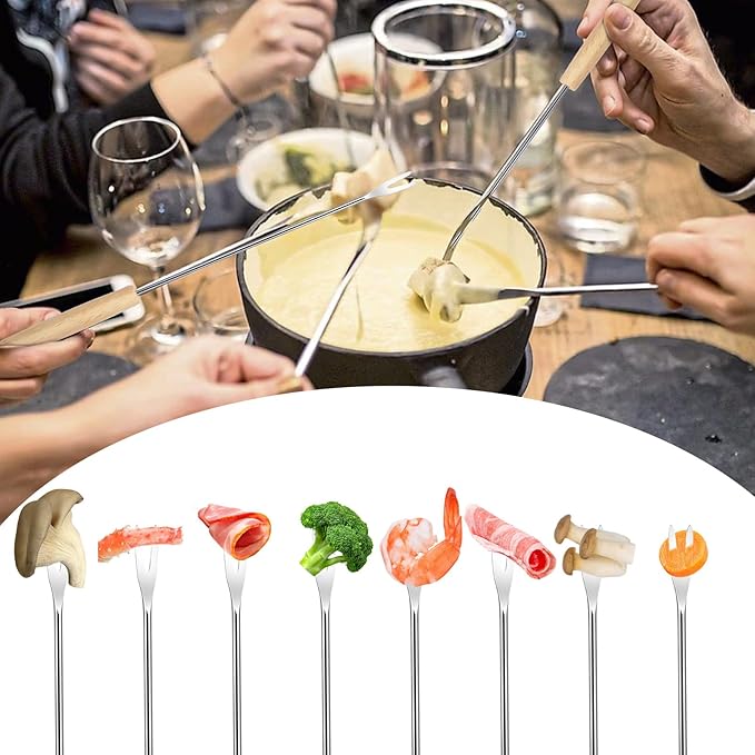 6 PCS 9.5'' Stainless Steel Fondue Forks with Wooden Handle, Color Coding Heat Resistant Fondue Sticks, Cheese Chocolate Fountain Forks for Roast Marshmallows, Grill Meat, Fruits, Dessert & Barbecue