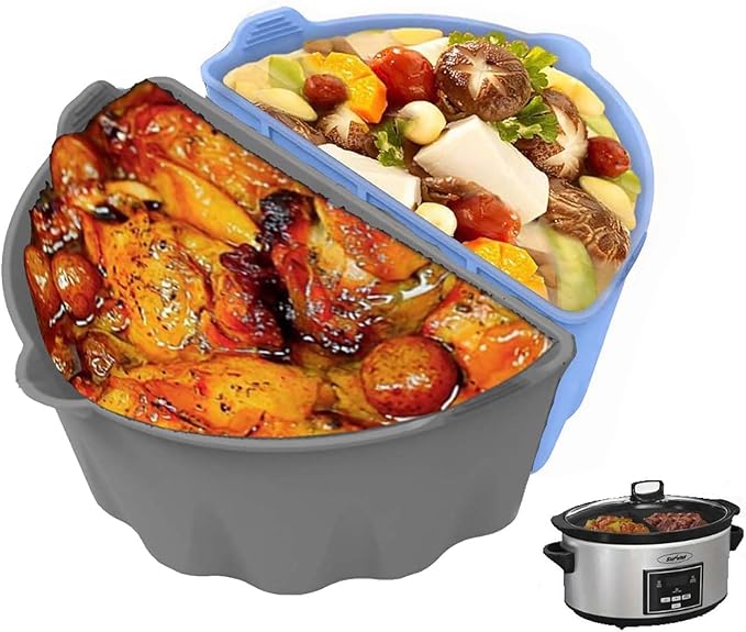 6 Quart Silicone Slow Cooker Divider Liners, Reusable Slow Cooker Divider Insert for Most 6 7 Qt Crock Pot,Roaster silicone Crock Pot Divider,Dishwasher Safe, BPA Free(Grey+Blue)
