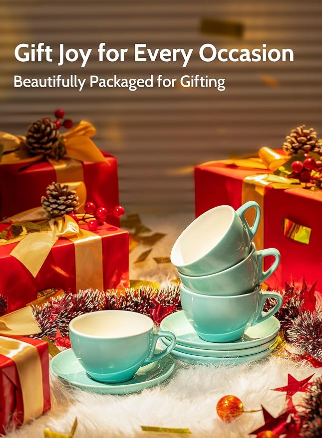 Sweese 6 Ounce Cappuccino Cups with Saucers, Porcelain Double Espresso Cups Set of 6 - Hot Assorted Colors