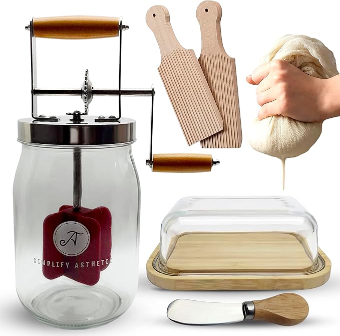Butter Churner Set – Includes Glass Dish with Lid, Cheesecloth, Wooden Paddles & Knife Spreader – Butter Churn - Make Homemade Butter Fast & Easy