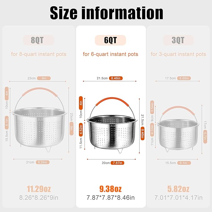 GREATLINK Vegetable Steamer Basket for Instant Pot Accessories 6 & 8 Qt - Stainless Steel Strainers and Colanders - Metal Strainer for Cooking Broccoli, Eggs, Pasta, Quinoa (6 Qt - Steamer Basket)