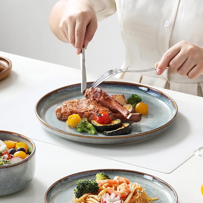 vancasso PLAYA Plates and Bowls Sets, 24 Pieces Light-Blue Dinnerware Sets for Kitchen, Reactive Glaze Dishes Set for 8, Dishwasher and Microwave Safe