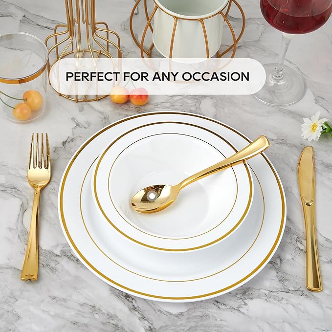 JOLLY PARTY 100PCS Plastic Bowls with Gold Rim-12oz disposable Soup Bowls, Christmas Thanksgiving Premium Dessert Salad Bowls for Wedding/Party